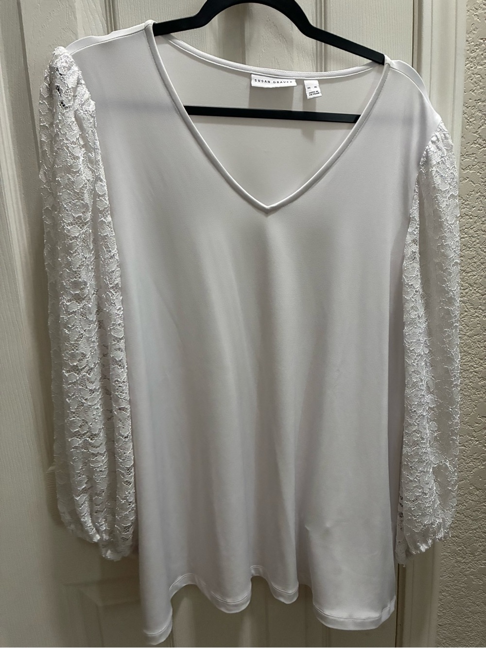 Susan Graver White V-Neck Lace Sleeve Women's Top XL